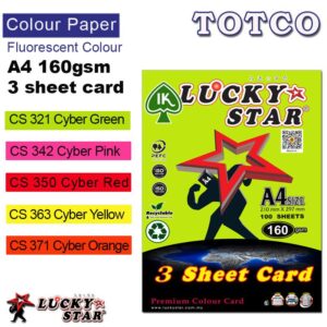 Lucky Star Color Paper A4 Fluorescent Colour 3sheet card 160gms