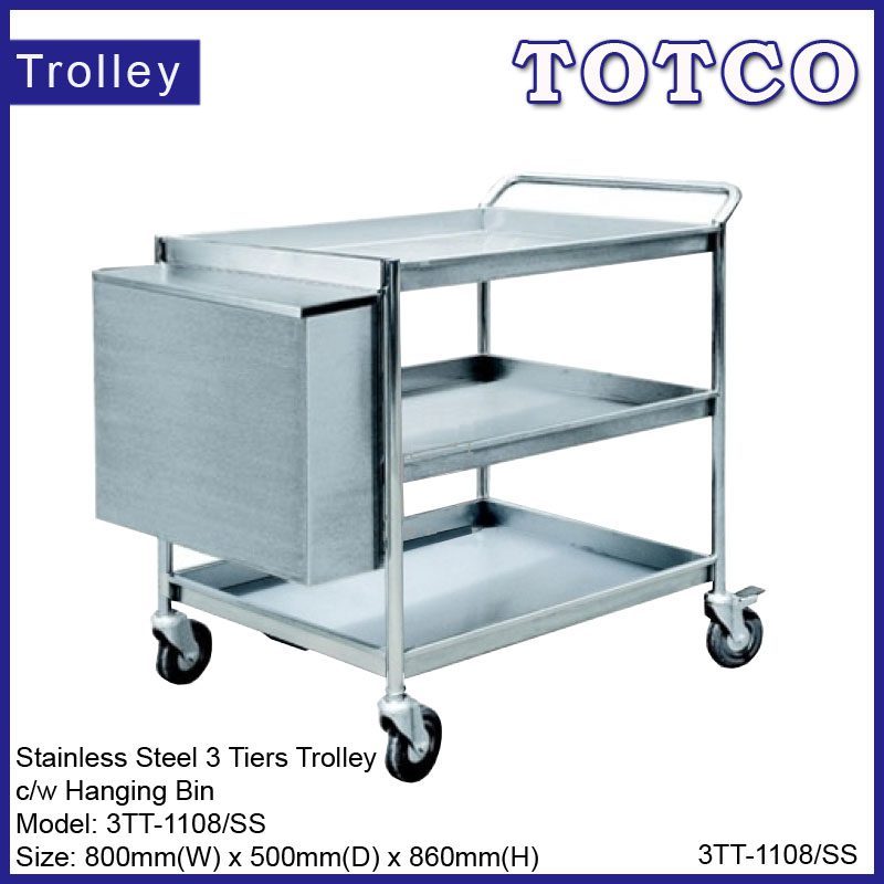 Stainless Steel 3 Tiers Trolley c/w Hanging Bin
