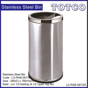 Stainless Steel Round Waste Bin c/w 1/2 Ashstray & 1/2 Open Top -087/SS